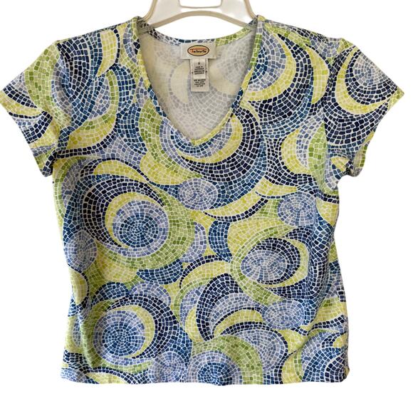 Talbots Mosaic V Neck  T-Shirt yellow blue size S - Picture 1 of 8
